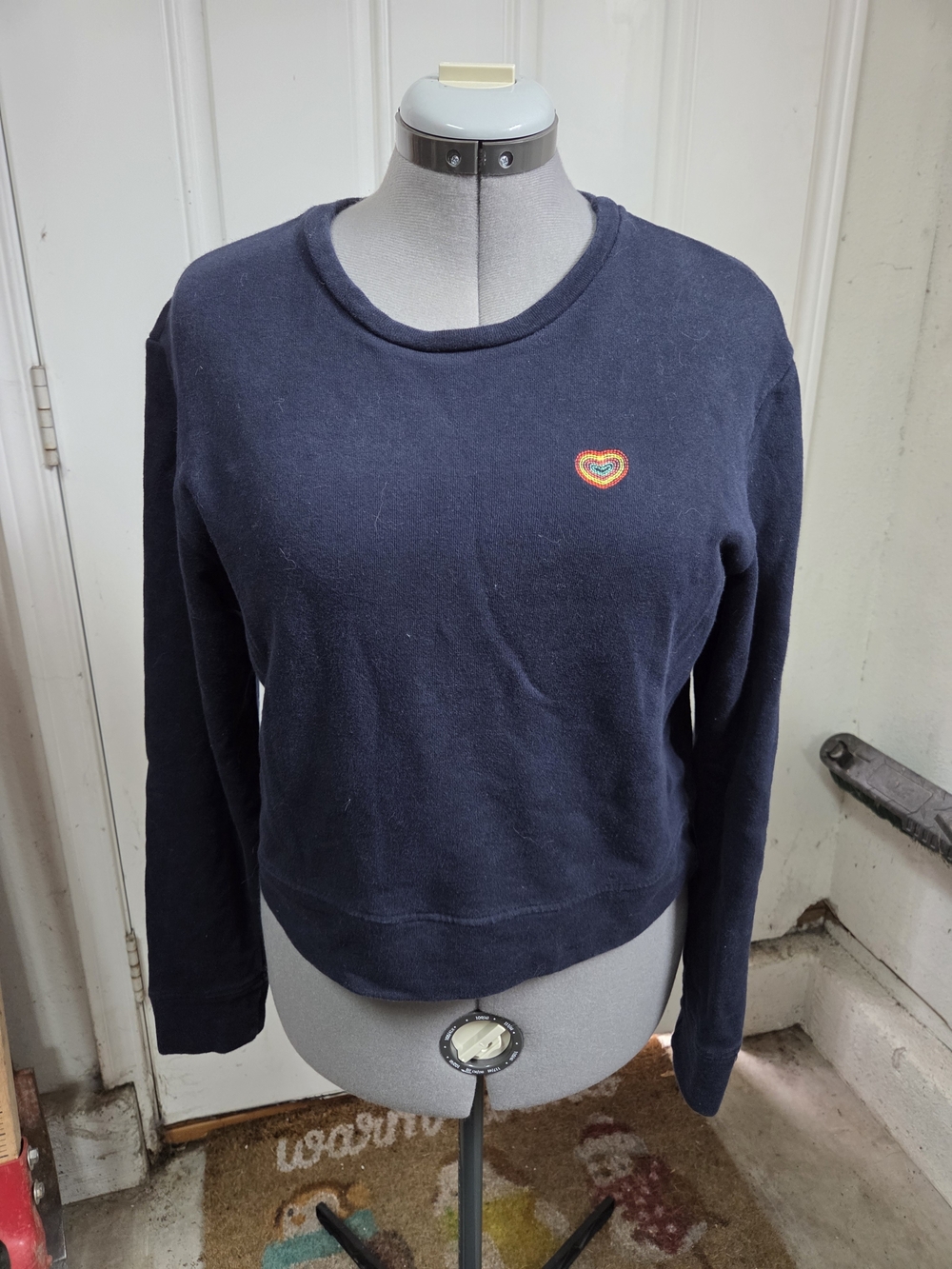 MOTHER Navy Crewneck Sweatshirt with Rainbow Heart Patch